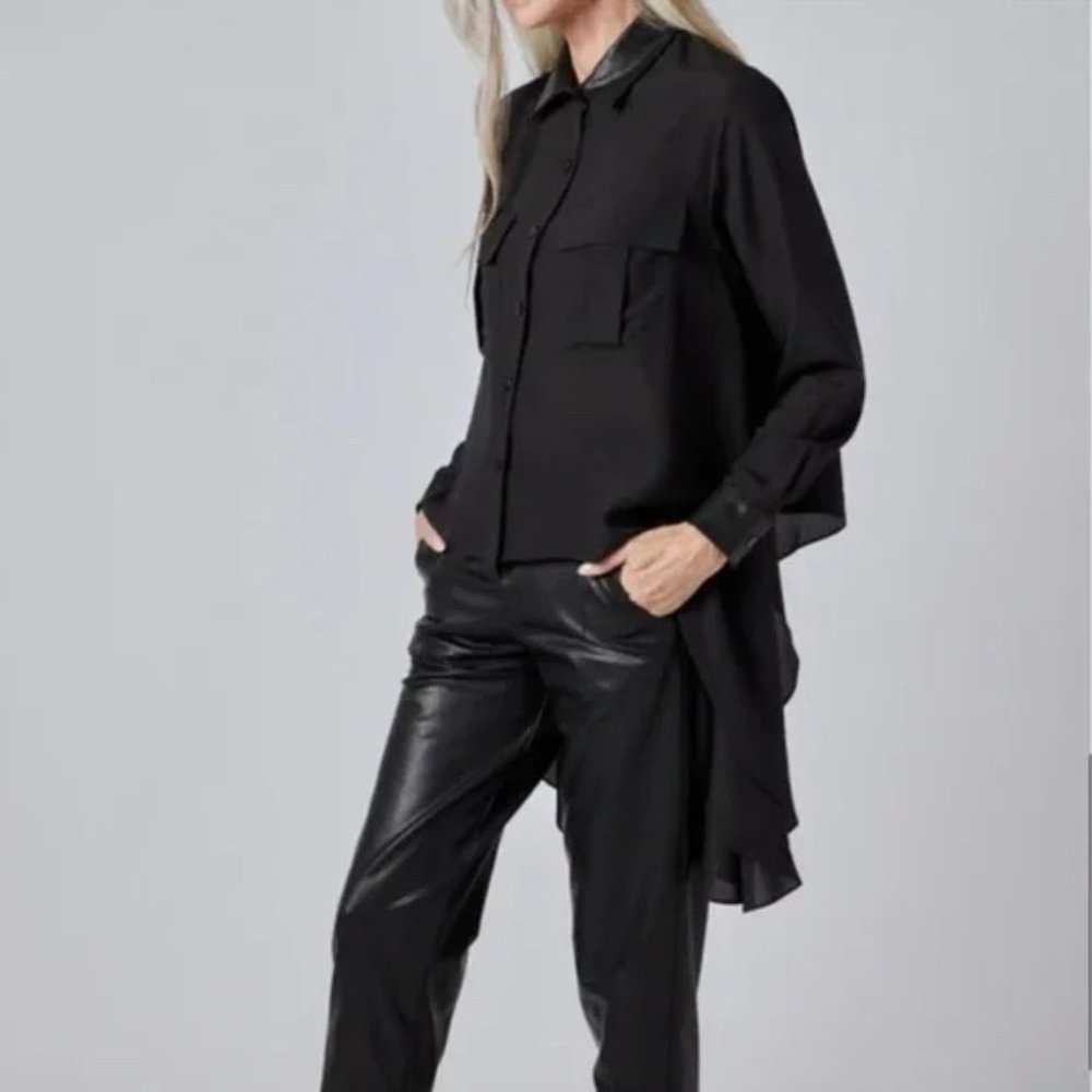 Ruti Black Blouse with Vegan Leather Collar